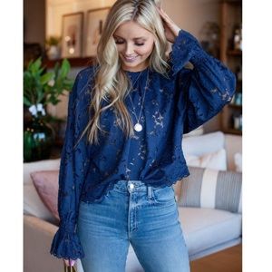 Free People Navy Blue Olivia Sheer Lace Blouse